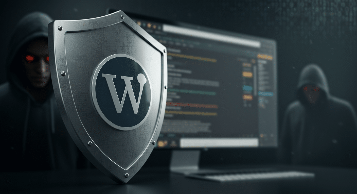 WordPress Website Sicherheit für KMU Ein großes, starkes Schild-Symbol mit einem WordPress-Logo darauf, das eine stilisierte Website vor bedrohlichen, unscharfen Hacker-Symbolen (z.B. Kapuzenfigur, Binärcode-Regen) im Hintergrund schützt.