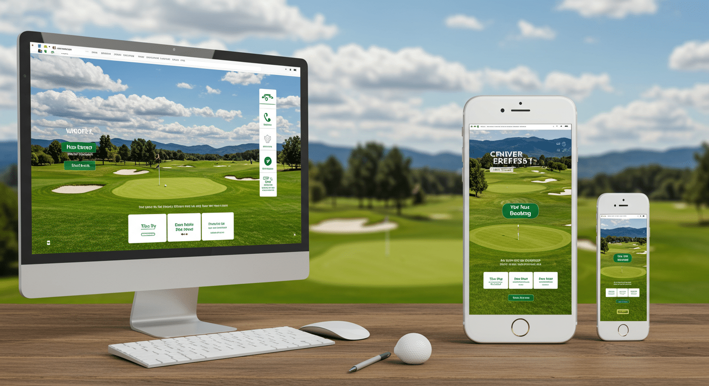 Collage: Links der Screenshot einer modernen und einladenden Startseite einer Golfplatz-Website auf einem Desktop-Monitor. Rechts daneben ein Smartphone, das dieselbe Seite in einer perfekt angepassten mobilen Ansicht zeigt.