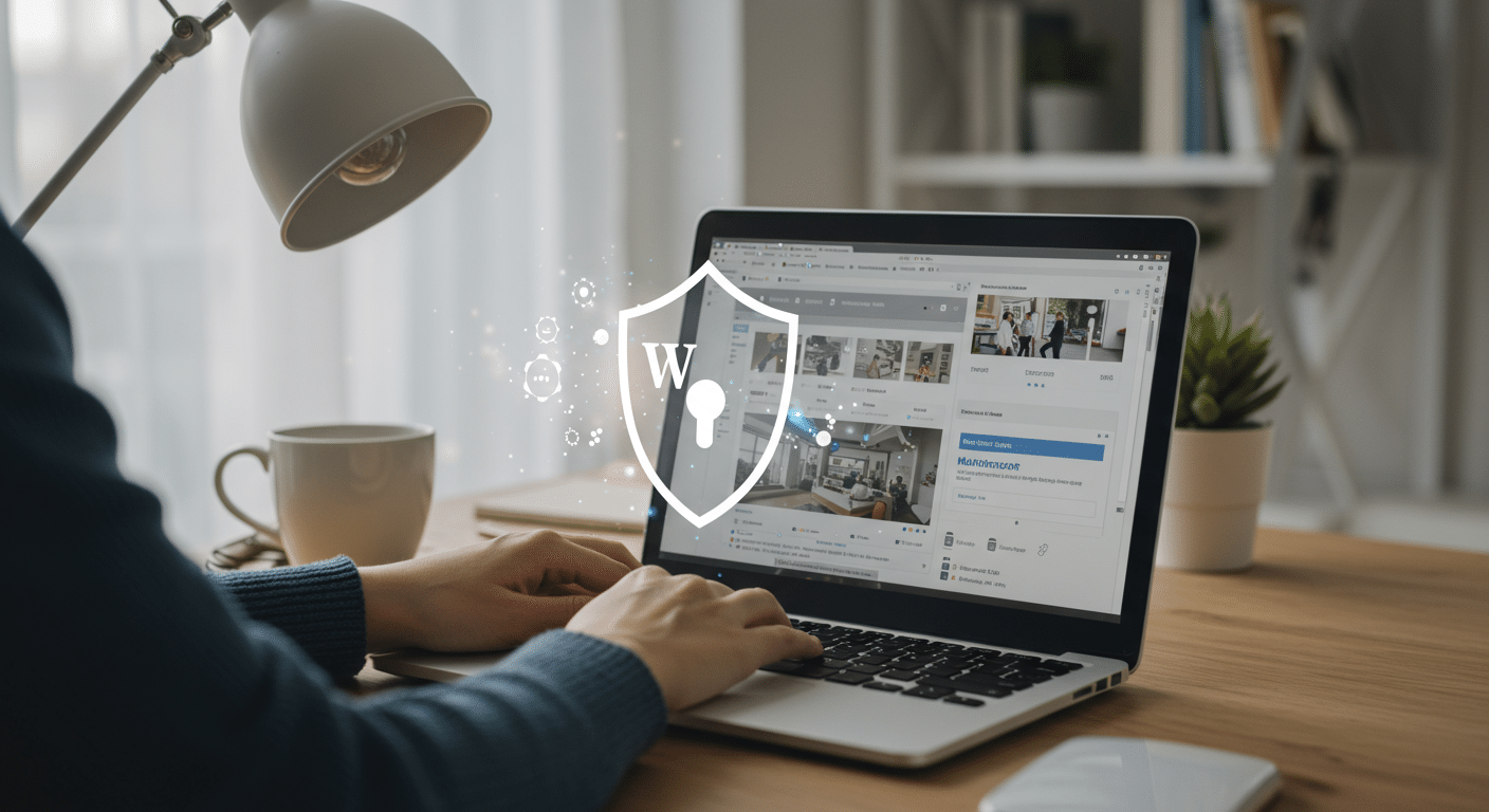 Eine saubere Collage, die vier wichtige WordPress-Sicherheitssymbole darstellt: ein Symbol für ein starkes Passwort (z.B. Schlüssel mit komplexen Zeichen), Pfeile im Kreis für regelmäßige Updates, ein SSL-Schlosssymbol und ein Cloud-Symbol mit einem Pfeil für Backups.