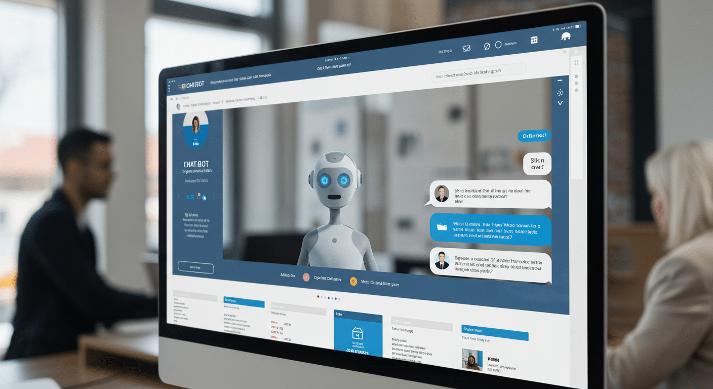 Mockup eines KI-Chatbot-Fensters auf der Website eines B2B-Dienstleisters. Der Chatbot stellt einem Website-Besucher gezielte Fragen (z.B. "Welche Dienstleistung interessiert Sie?", "Wie groß ist Ihr Unternehmen?").